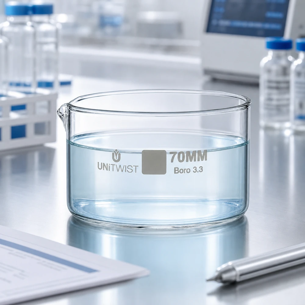 Coupelle plate UNiTWIST 70 mm en verre borosilicaté 3.3 avec bec verseur, pour des applications de laboratoire précises