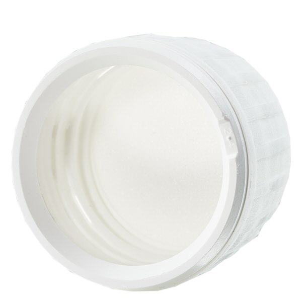 Fermeture à vis avec garantie de fermeture (OV) DIN 28 blanc en PP avec plaque d'étanchéité EPE