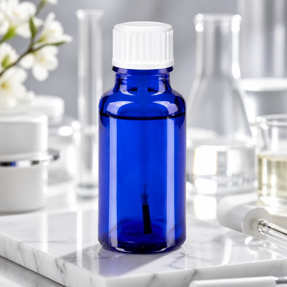 Flacon à pharmacie bleu 20ml bouchon à vis blanc pinceau Flacon en verre avec protection UV, 20 ml, bleu cobalt, bouchon blanc, pour produits cosmétiques