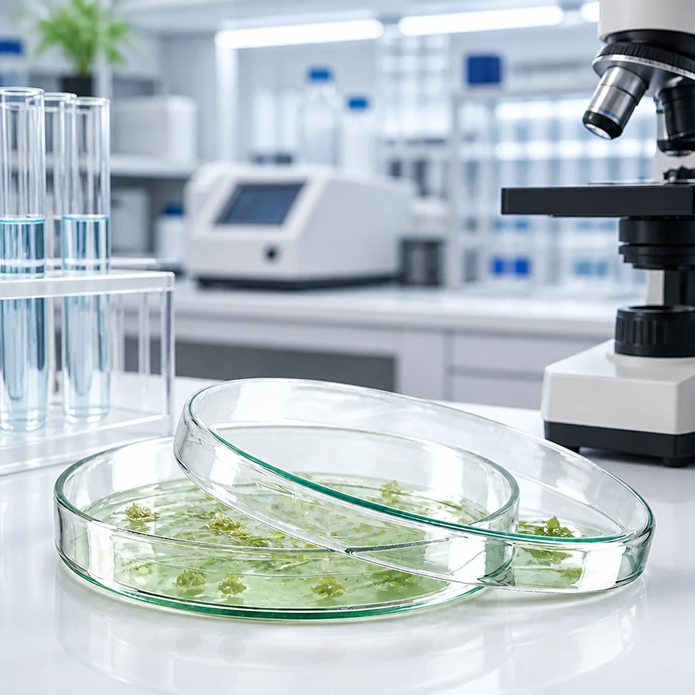 Boîtes de Pétri en verre borosilicaté transparent, 120 x 20 mm, destinées à la culture de tissus végétaux dans un environnement de laboratoire moderne