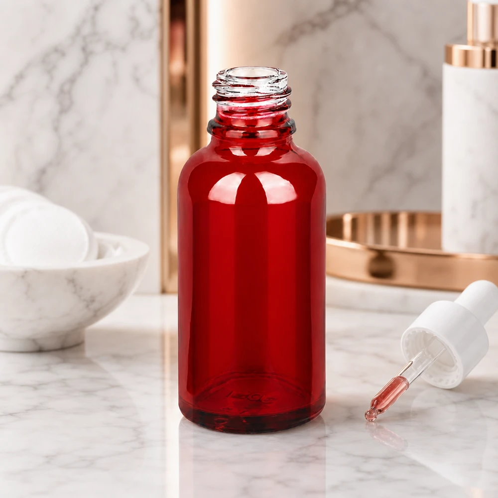 Flacon à pharmacie 30ml RedLine UT18/30 UNiTWIST RedLine UT18/30 UNiTWIST Flacon rouge de 30ml avec bouchon compte-gouttes pour la cosmétique et la pharmacie