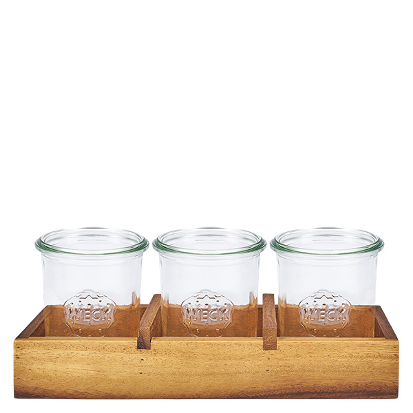 Plateau de présentation en bois daulne massif pour 3 bocaux Weck RR60