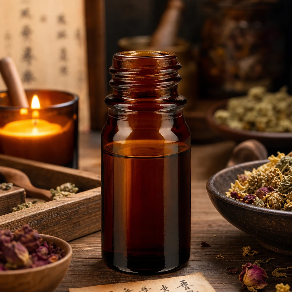 Flacon de pharmacie brun de 5ml ApoGlas avec caractères d'herbes chinoises et équipement de médecine traditionnelle