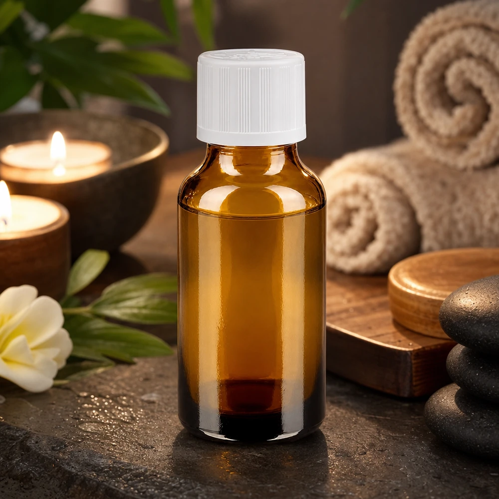 Flacon pharm. brun 20ml, bouchon vissable blanc, sécu. enfant std. Flacon de pharmacie brun de 20 ml, protégé contre les UV, avec bouchon de sécurité enfant, pour cosmétiques naturels