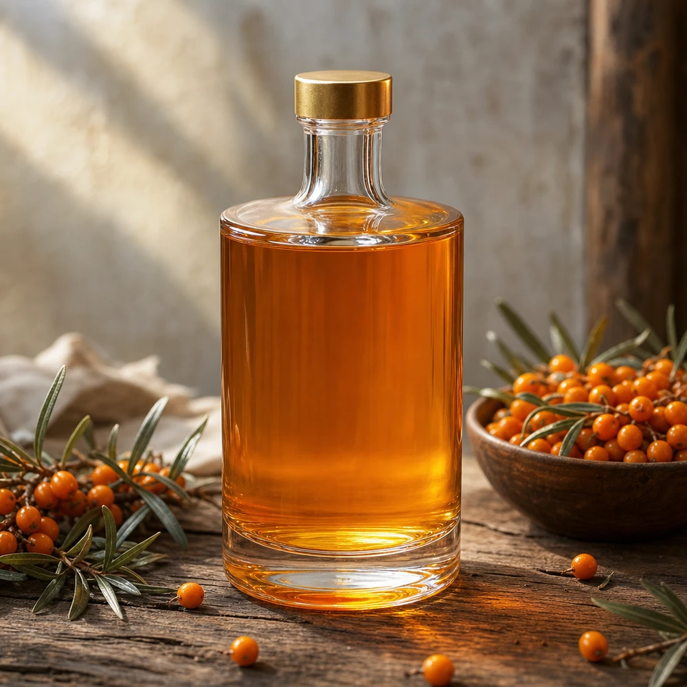 Bouteille en verre de 500ml Sam UNiTWIST bouchon doré rempli d'huile d'argousier table en bois baies d'argousier décoration naturelle