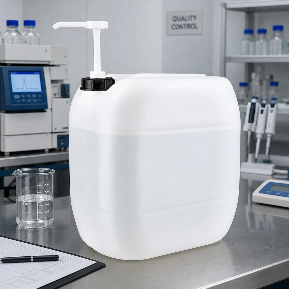 Bidon en plastique de 30 L adapté au contact alimentaire, équipé d'un distributeur à pompe actionnable d'une seule main pour un dosage précis