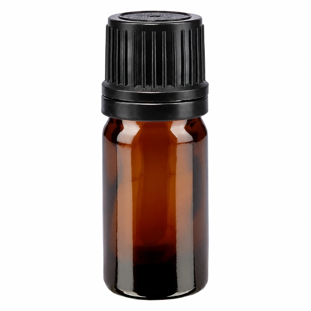 Flacon de pharmacie brun 5ml bouchon vissable noir bague de coulée bouchon d'inviolabilité Petite bouteille en verre brun de 5 ml avec bouchon d'origine noir à sécurité enfant
