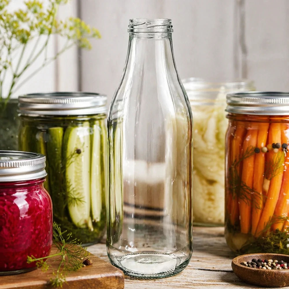 Bouteille en verre 1000ml TO48 UNiTWIST sans couvercle entre des bocaux avec des légumes marinés Scène de cuisine Conservation