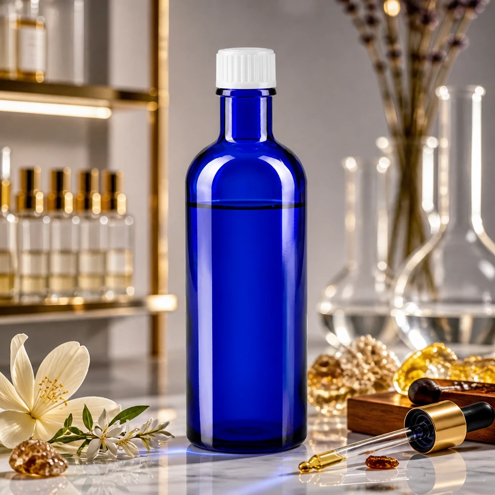 Flacon de pharmacie bleu 200ml bouchon vissable blanc standart Flacon en verre bleu élancé de 200 ml avec protection anti-UV et bouchon blanc