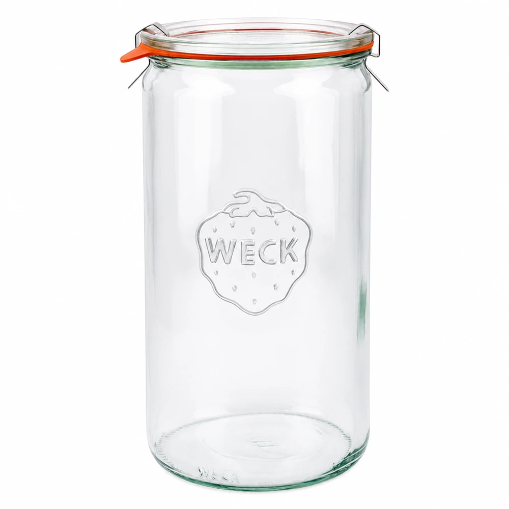 WECK Pot cylindrique 1590ml RR100 avec couvercle en verre Anneau en caoutchouc et pinces Pot de conservation transparent vide