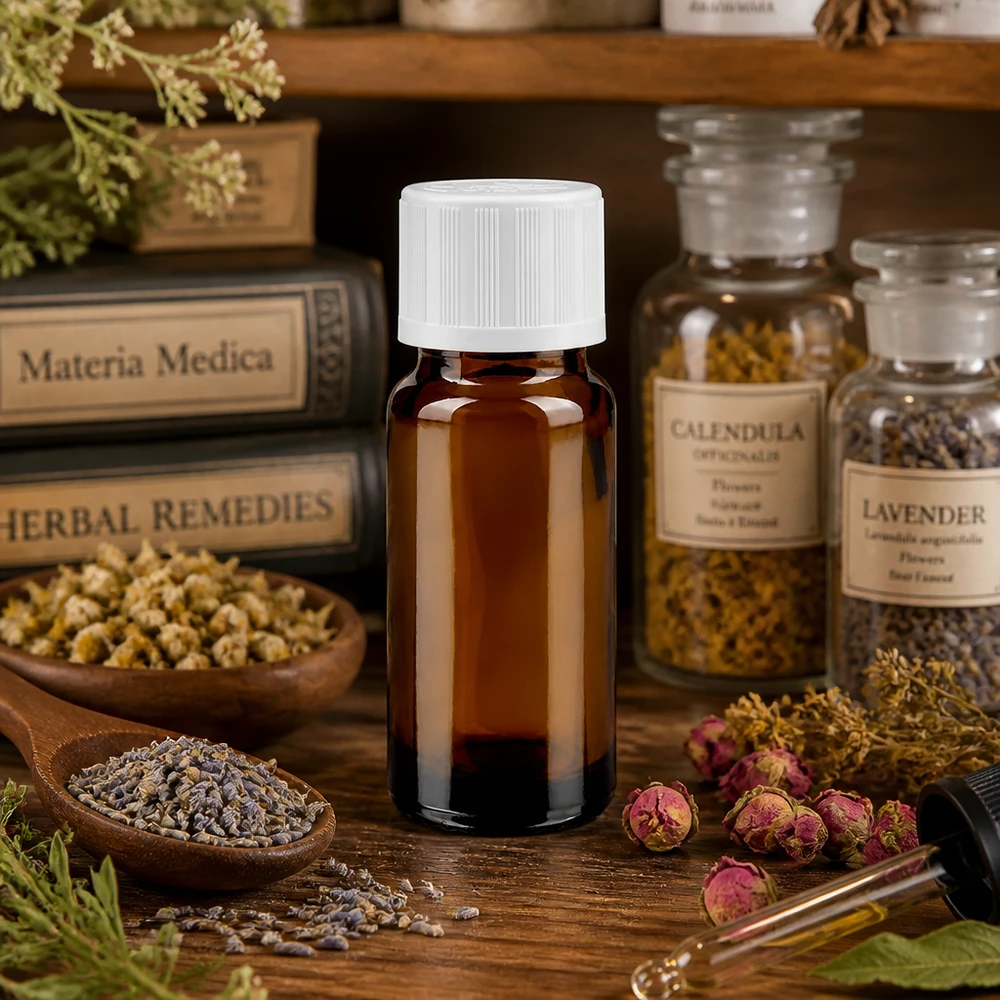 Flacon de pharmacie de 10 ml en verre ambré avec bouchon de sécurité enfant, à côté de bocaux de conservation contenant du calendula et de la lavande