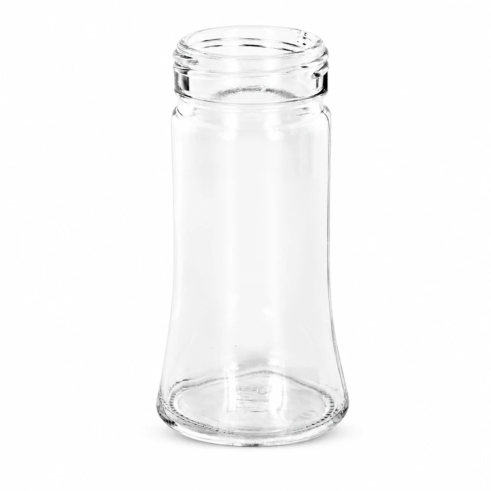 Pot à épices de forme trapézoïdale 95 ml avec filetage 41 mm, en verre clair sans couvercle Petit pot à sel « Bobby » à la taille incurvée et au fond large, 95 ml, verre transparent