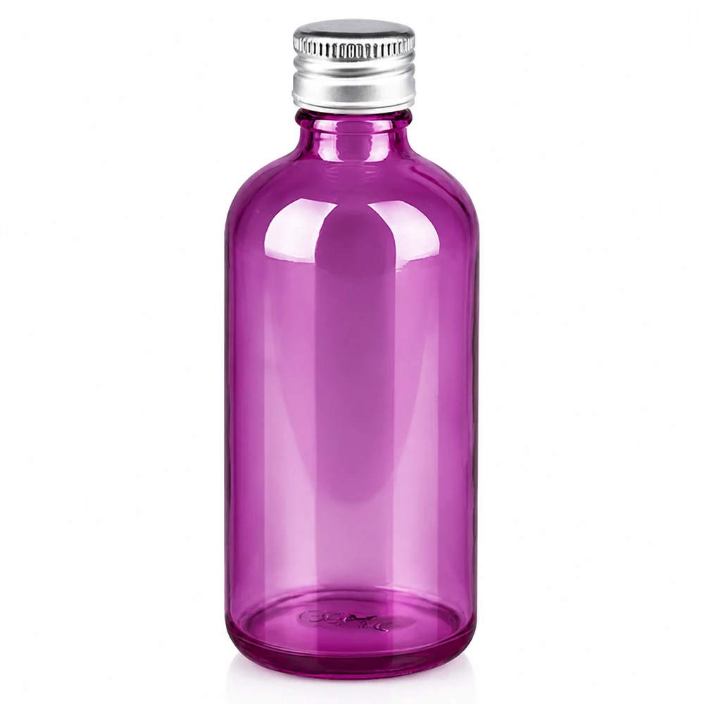 Flacon de 100ml. Bouchon à vis 11mm alu-argent standard PurpleLine. UT18/100 Bouteille de verre violet de haute qualité en verre anti-UV avec bouchon en aluminium argenté 100ml