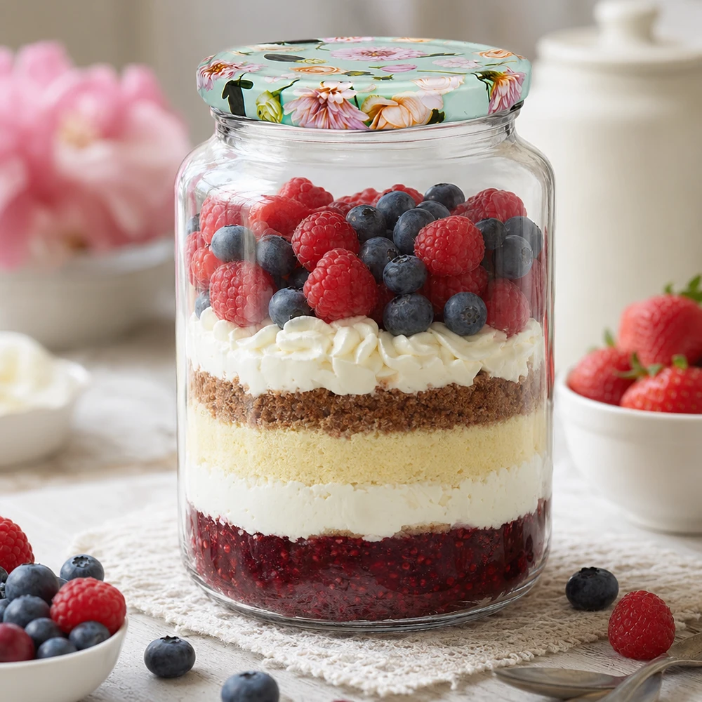 Verre rond de 795 ml avec couvercle à fleurs menthe comme verre à dessert pour le dessert de couches avec des baies et de la crème.