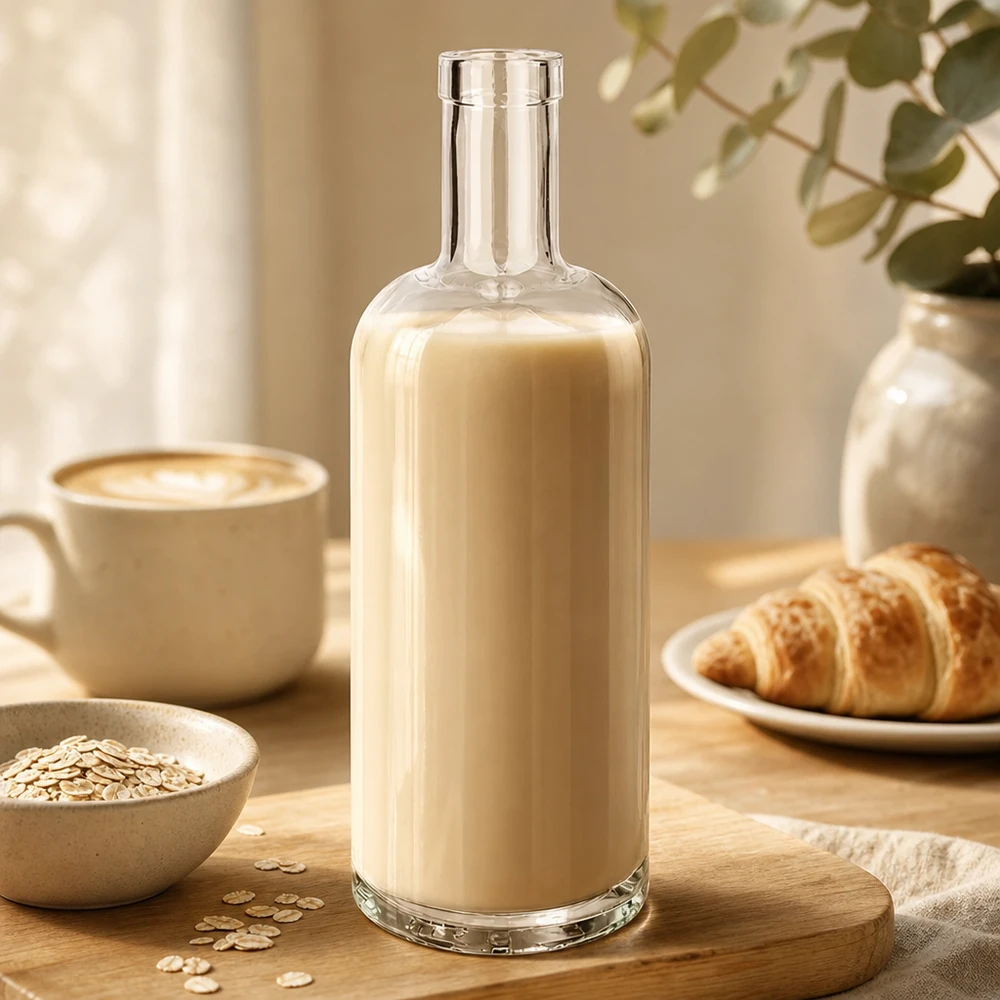 Bouteille en verre Emma de 750 ml remplie de lait d'avoine beige à côté d'une tasse de café Croissant et flocons d'avoine sur une table en bois