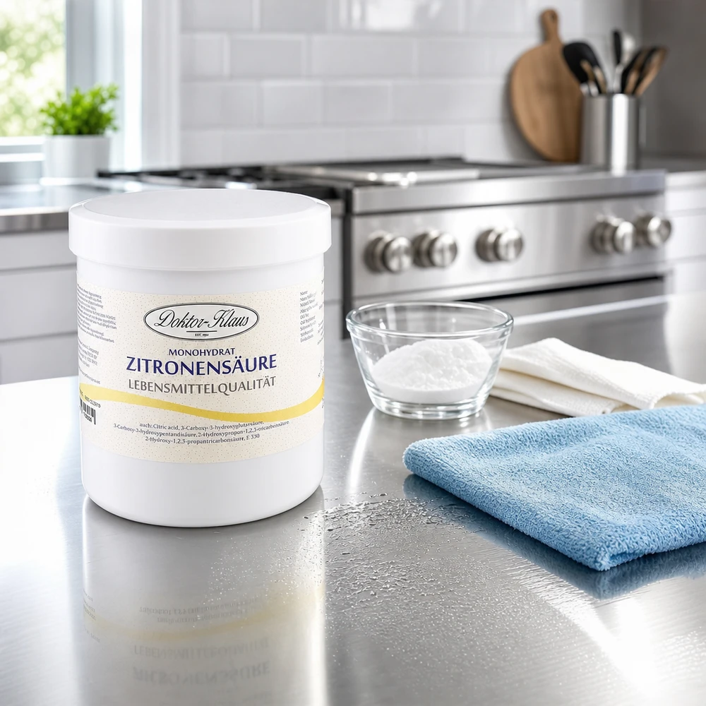 500g d'acide citrique Doktor-Klaus Acide citrique Doktor-Klaus 500g dans une boîte de stockage pratique sur un plan de travail de cuisine moderne