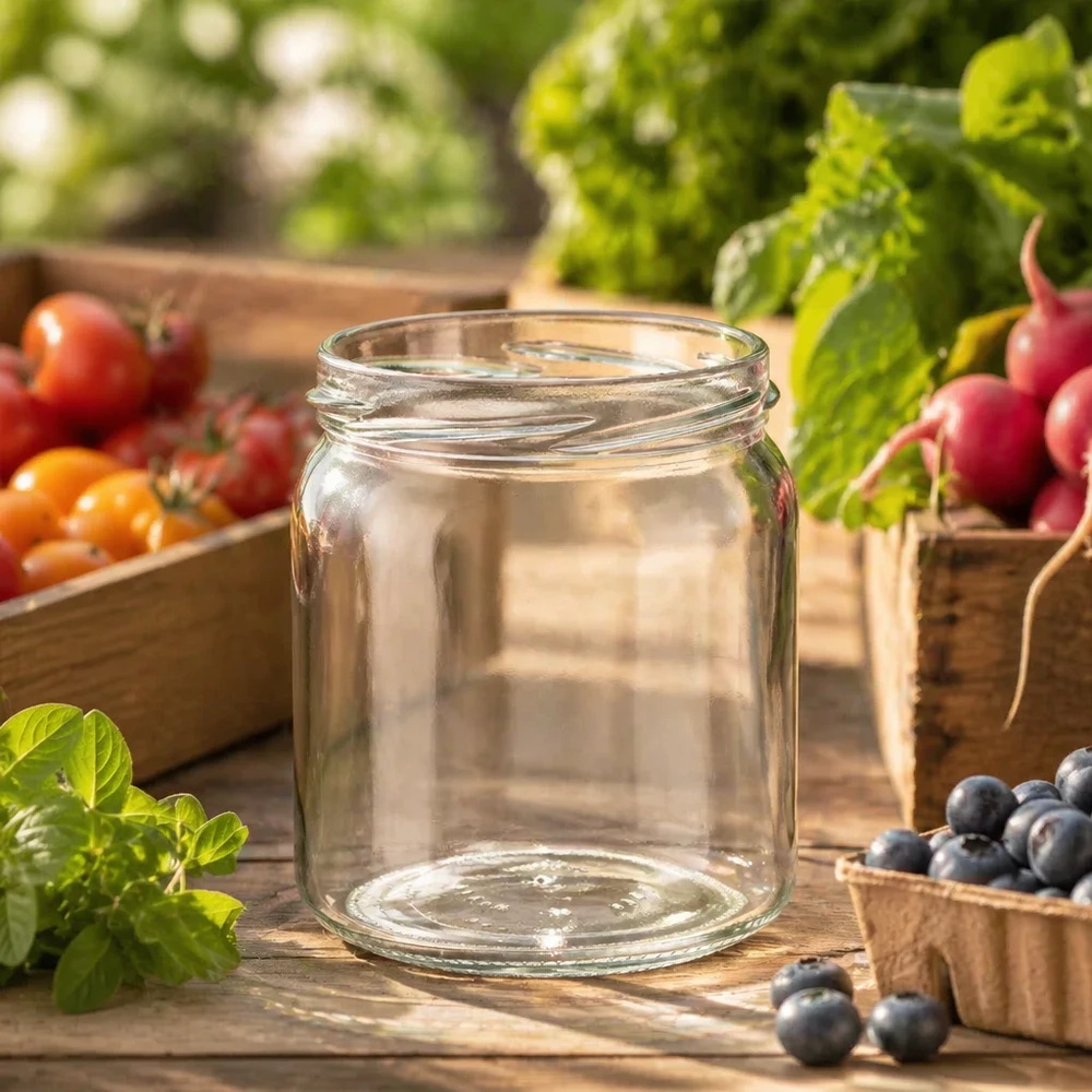 UNiTWIST Runda408 408ml Pot de conservation dans une cuisine rustique avec des légumes et des fruits frais pour la conservation