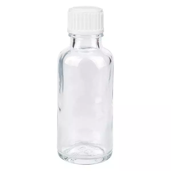 Flacon de pharmacie transparent 30ml bouchon vissable blanc Globuli Std Flacon de pharmacie transparent 30ml bouchon vissable blanc Globuli Std