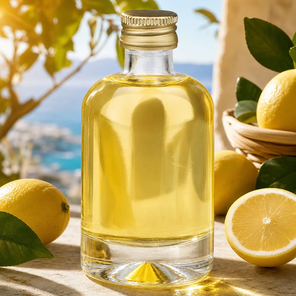 Bouteille en verre 40 ml « Sara » avec bouchon à vis doré UNiTWIST® Bouteille en verre Sara de 40ml remplie de contenu jaune entre des citrons - Photo produit avec ambiance méditerranéenne