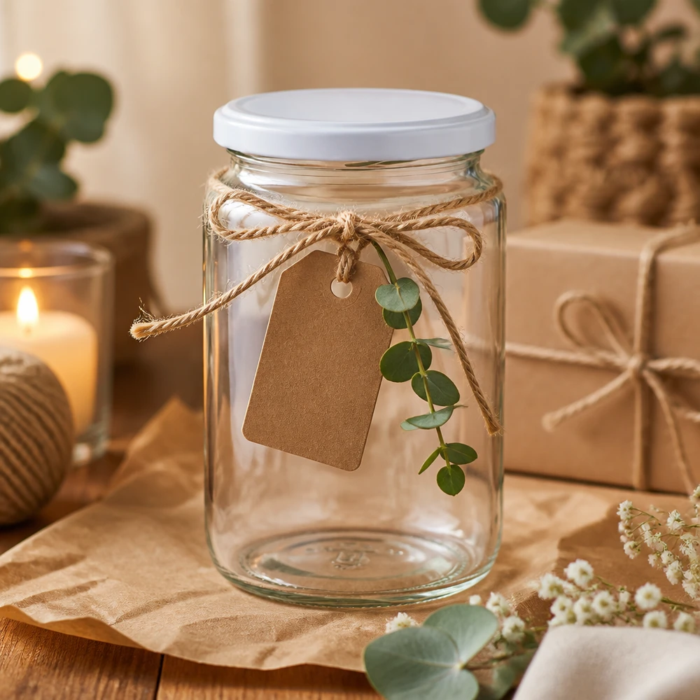 Verre rond 795ml UNiTWIST arrangé de manière décorative avec ruban en raphia, étiquette cadeau et branche d'eucalyptus comme idée de décoration