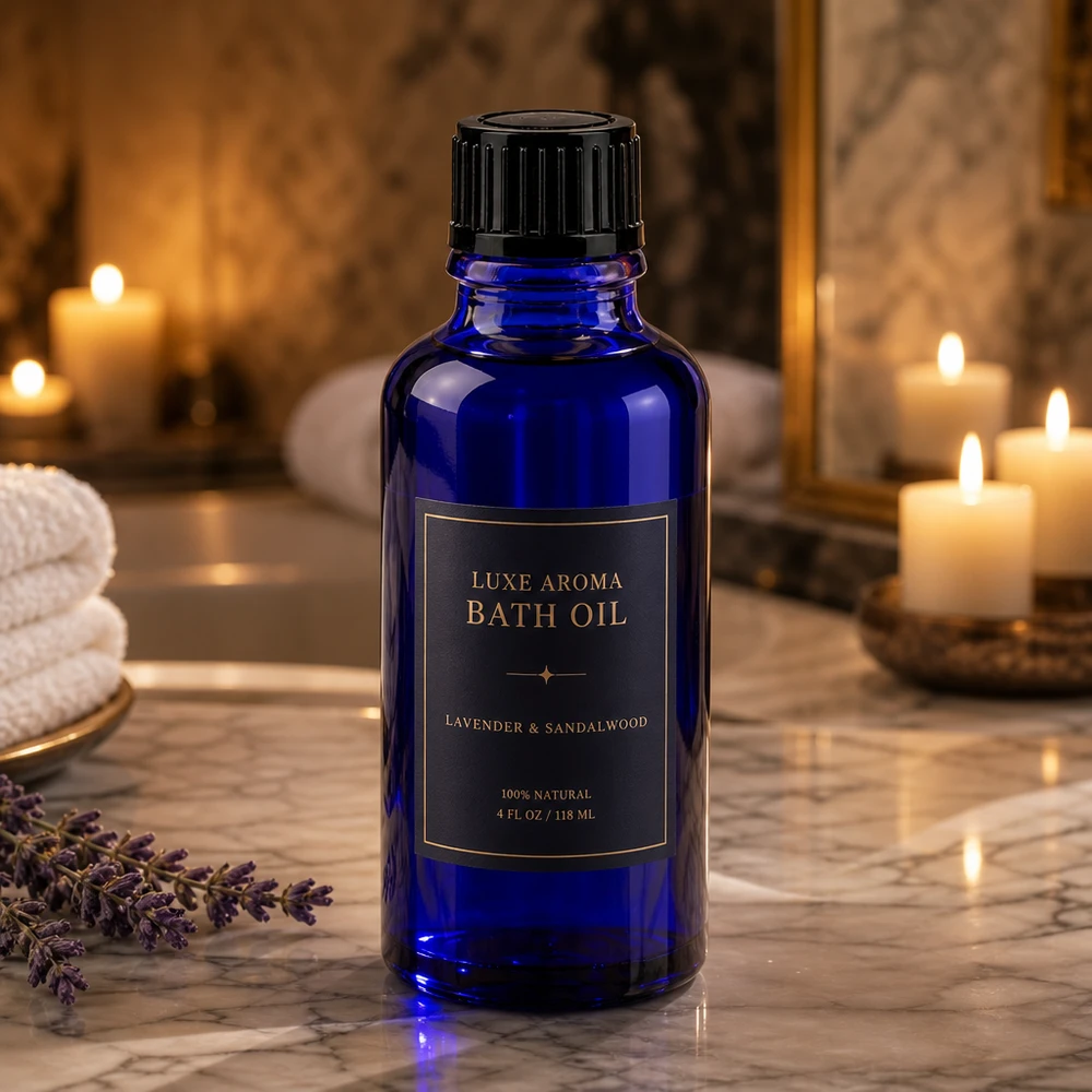 Flacon de pharmacie bleu cobalt de 30 ml servant d'emballage pour une huile de bain dans une ambiance spa luxueuse