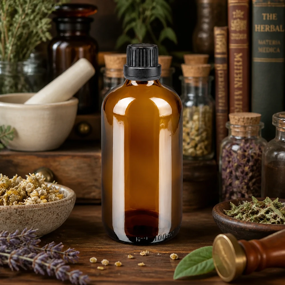 Flacon de pharmacie de 100 ml en verre brun, entouré de lavande, de camomille et de livres sur les herbes médicinales