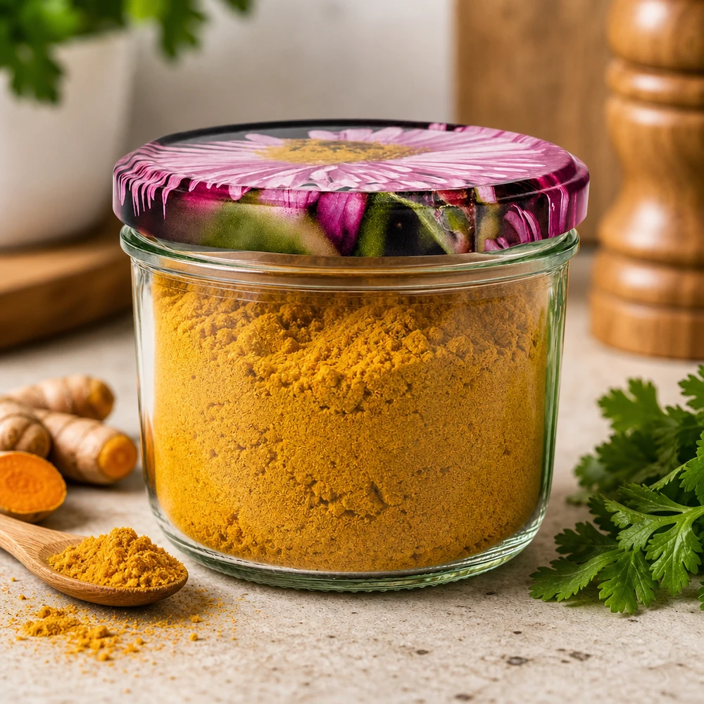 230ml Verre conique avec couvercle BasicSeal decor floral UNiTWIST Pot de conserve 230ml rempli de poudre de curcuma, couvercle BasicSeal motif fleuri, scène de cuisine avec gingembre frais et coriandre