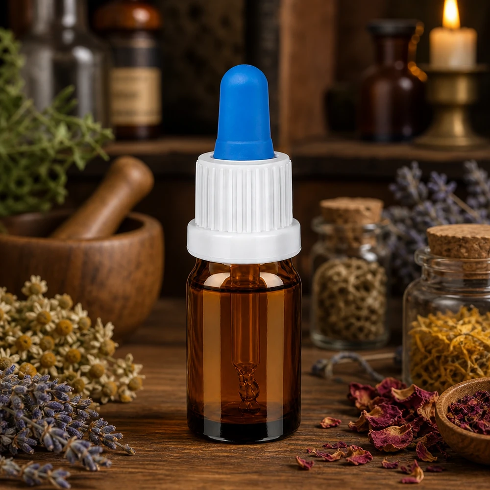 Flacon à pipette 5ml blanc/bleu OV BrownLine UT18/5 Flacon-pipette 5ml de haute qualité en verre brun anti-UV avec bouchon compte-gouttes ergonomique