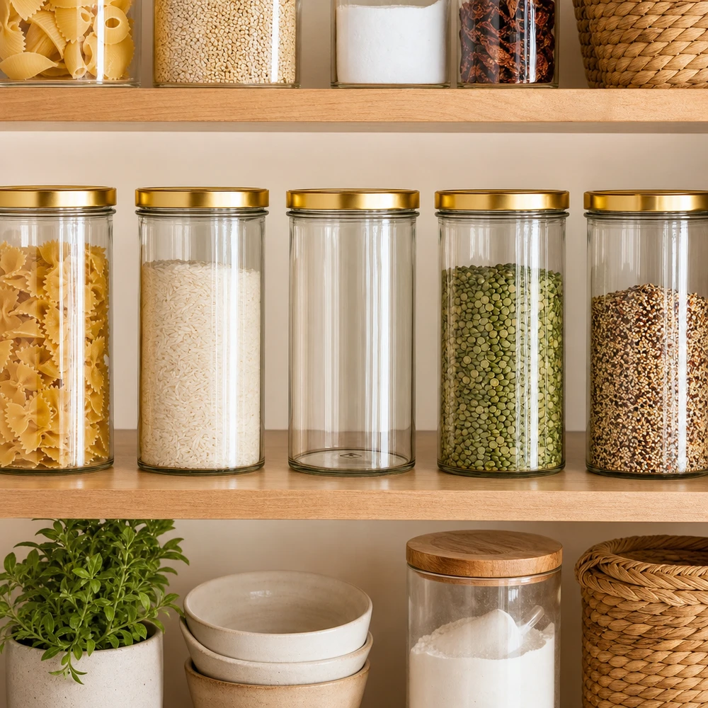 Pantry Organisation avec 277ml verres renversés or UNiTWIST couvercle pour riz pâtes lentilles épices étagère de cuisine