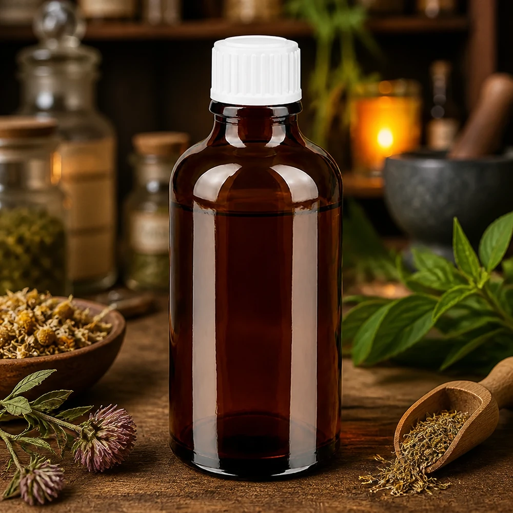 Flacon de pharmacie brun 50ml bouchon compte-gouttes blanc 0.8mm Std Petite bouteille en verre marron de 50 ml avec bouchon STD, à côté d'un mortier, de menthe et d'herbes séchées