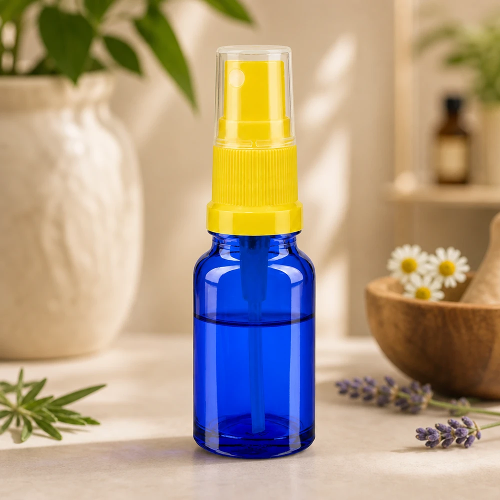 10ml Vaporisateur jaune/tr. STD BlueLine UT18/10 Vaporisateur en verre bleu de haute qualité 10ml avec tête de vaporisation ergonomique pour une utilisation mobile BlueLine