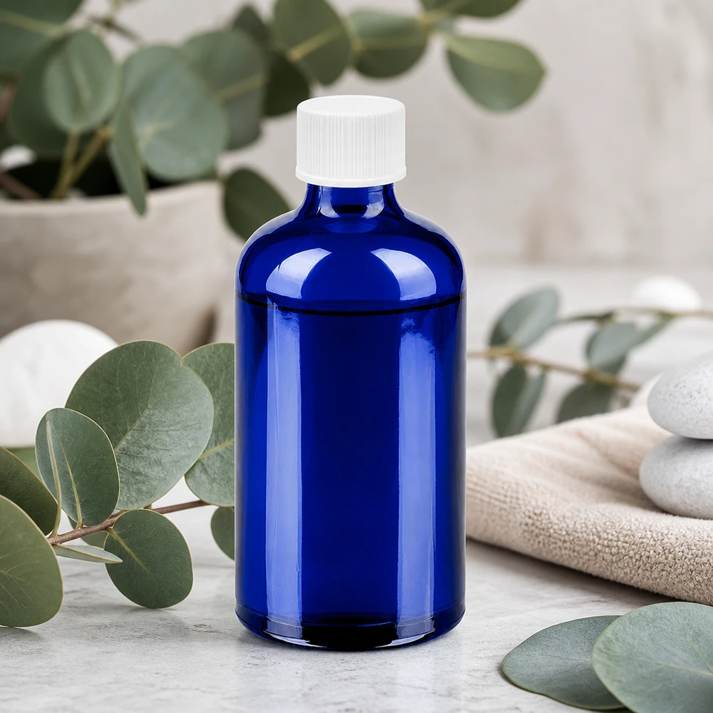 Flacon 100ml 11mm SV blanc STD BlueLine UT18/100 Flacon de pharmacie 100ml bleu profond avec bouchon blanc pour usage professionnel
