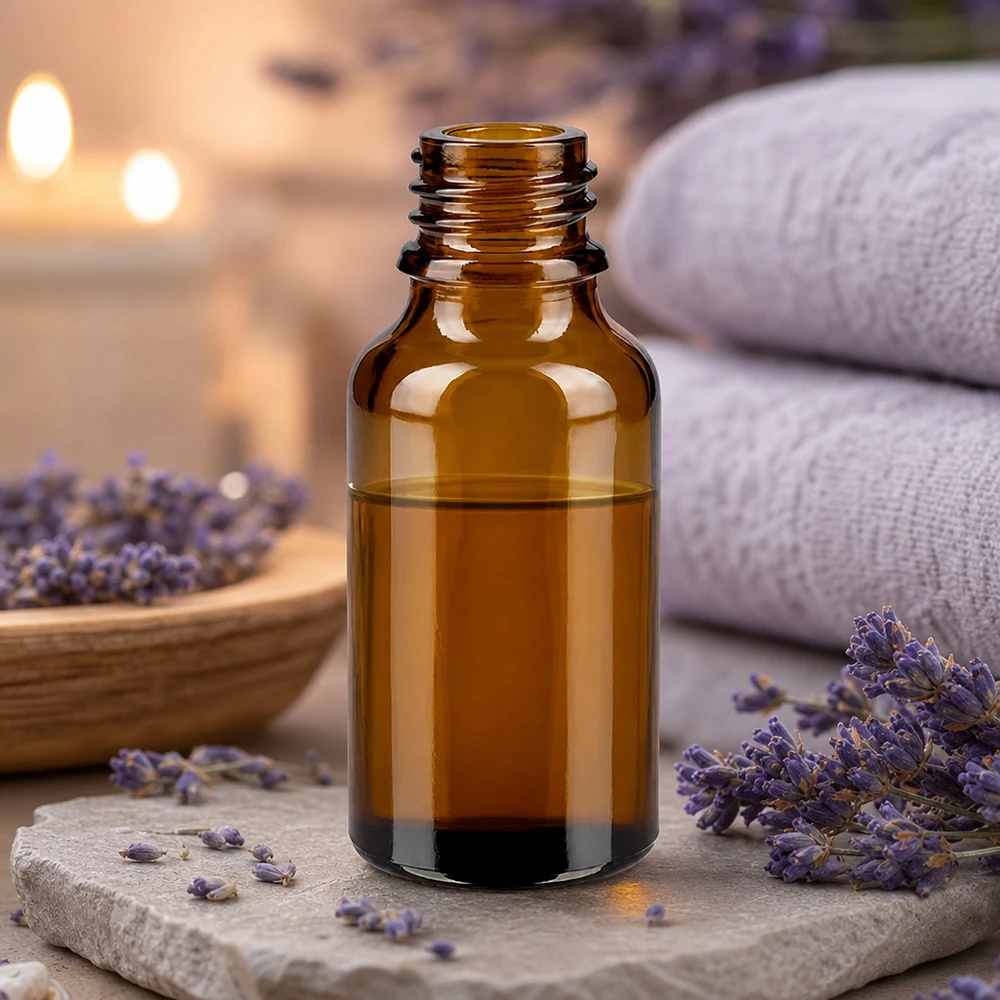 Bouteille en verre brun de 30 ml ApoGlas avec lavande et serviettes blanches dans une atmosphère de spa relaxante avec bougies