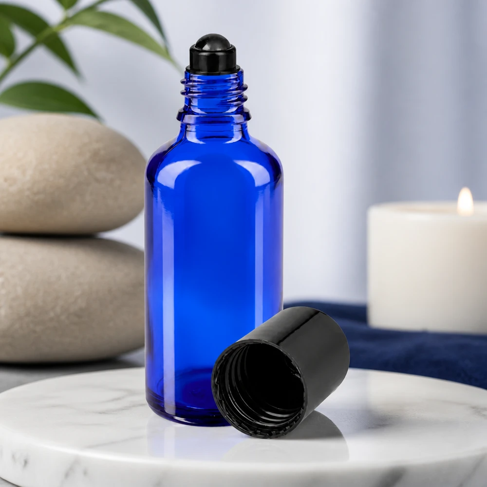 Flacon de déodorant en verre bleu 50 ml, déo à bille vide Flacon de pharmacie bleu cobalt de 50 ml avec bille roulante pour huiles essentielles et parfums