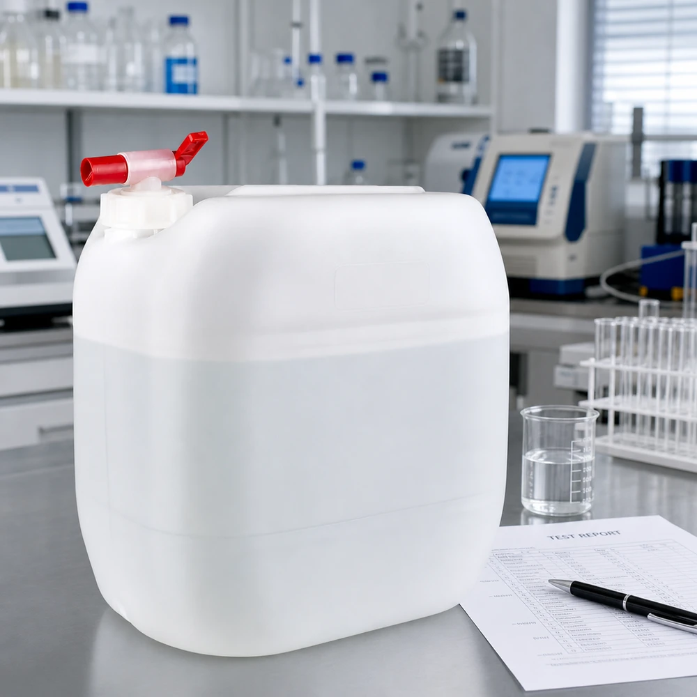 Réservoir transparent blanc de 30 litres pour liquides, muni d'un robinet à levier rouge, posé sur une paillasse de laboratoire