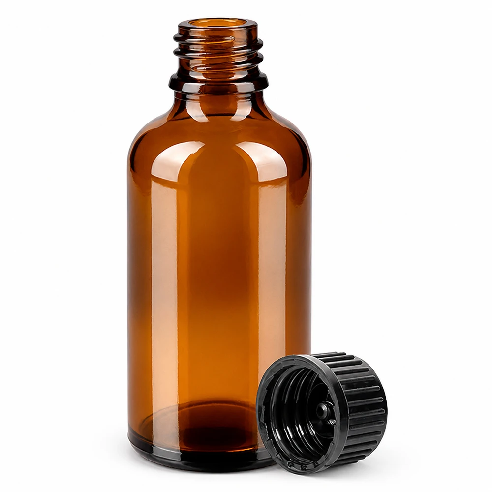Flacon 50ml 11mm SV noir STD BrownLine UT18/50 Flacon en verre brun de 50ml avec un pas de vis de 11mm et un bouchon noir pour l'aromathérapie et la pharmacie