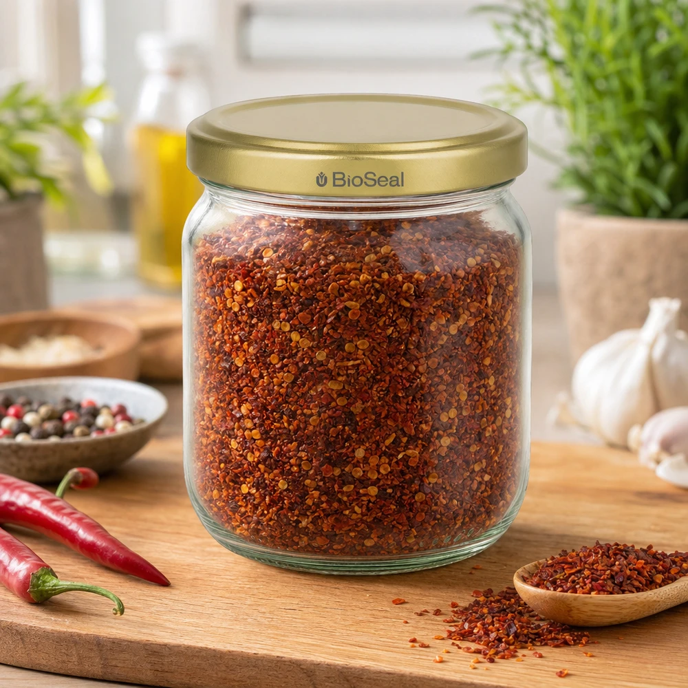 500g BioSeal pot de miel rempli d'épices rouges sur planche en bois avec chili et ail dans la cuisine
