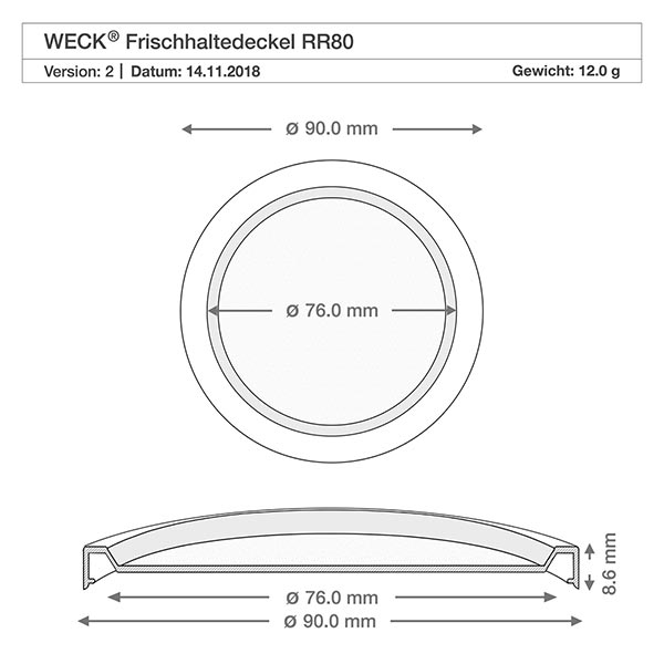 Bocal en forme de tulipe de 370 ml avec couvercle hermétique WECK RR80 Dessin technique WECK couvercle fraîcheur RR80 avec dimensions 90mm et 76mm de diamètre pour bocal cylindrique de 1040ml