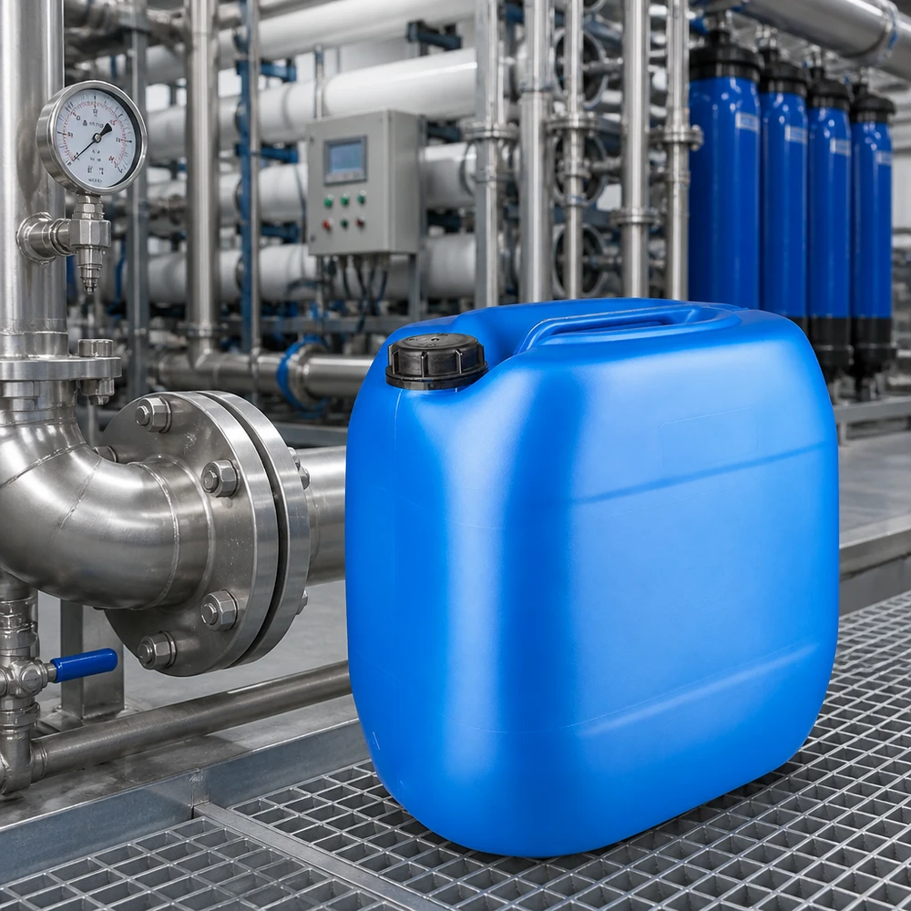 Bidon 30 litres bleu avec bouchon à vis OV Bidon rectangulaire en plastique de 30 L, bleu, avec poignée encastrée et bouchon à vis noir OV