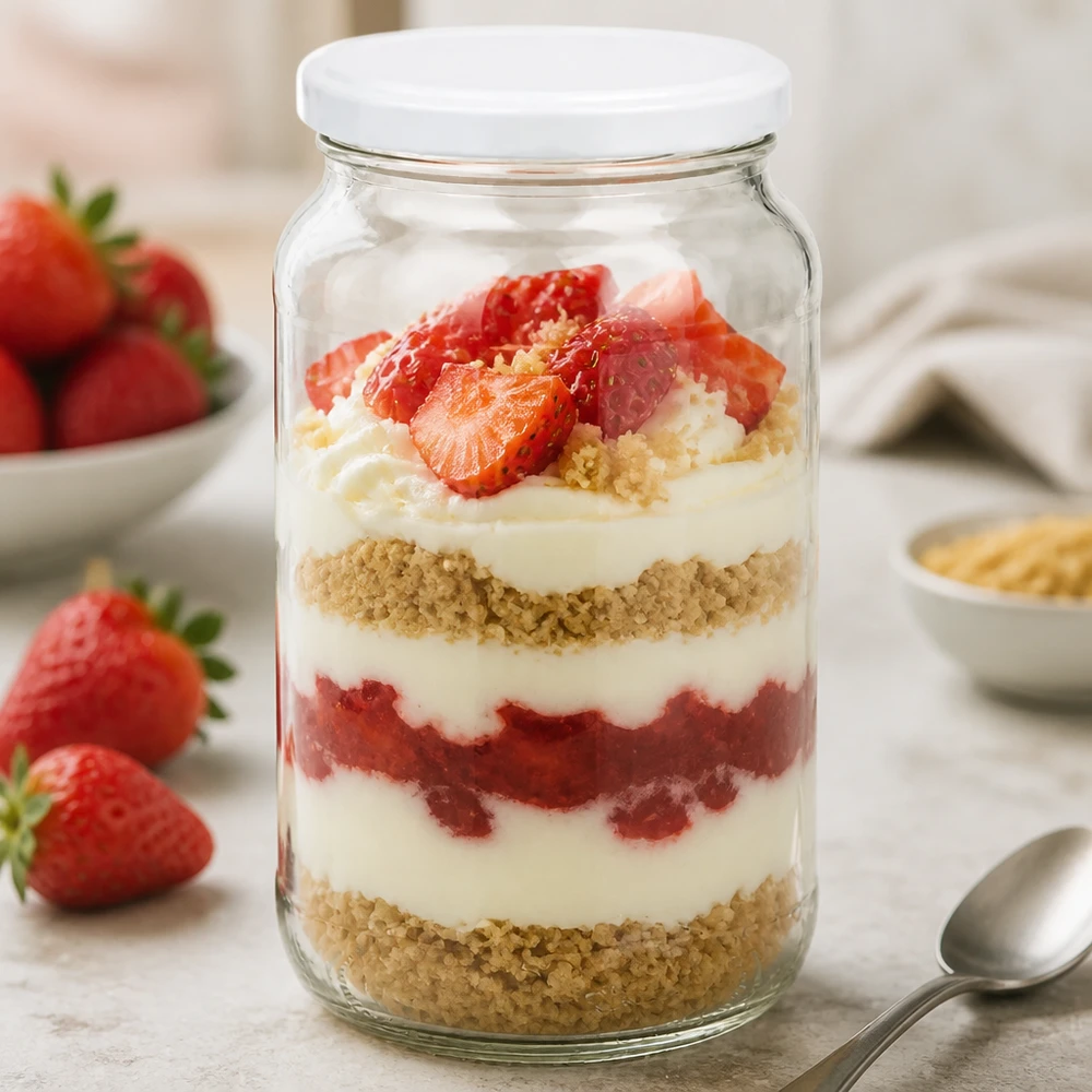 1062ml Verre rond BasicSeal Couvercle blanc avec dessert à la fraise Verre à tiramisu Verre à dessert Verre à provisions