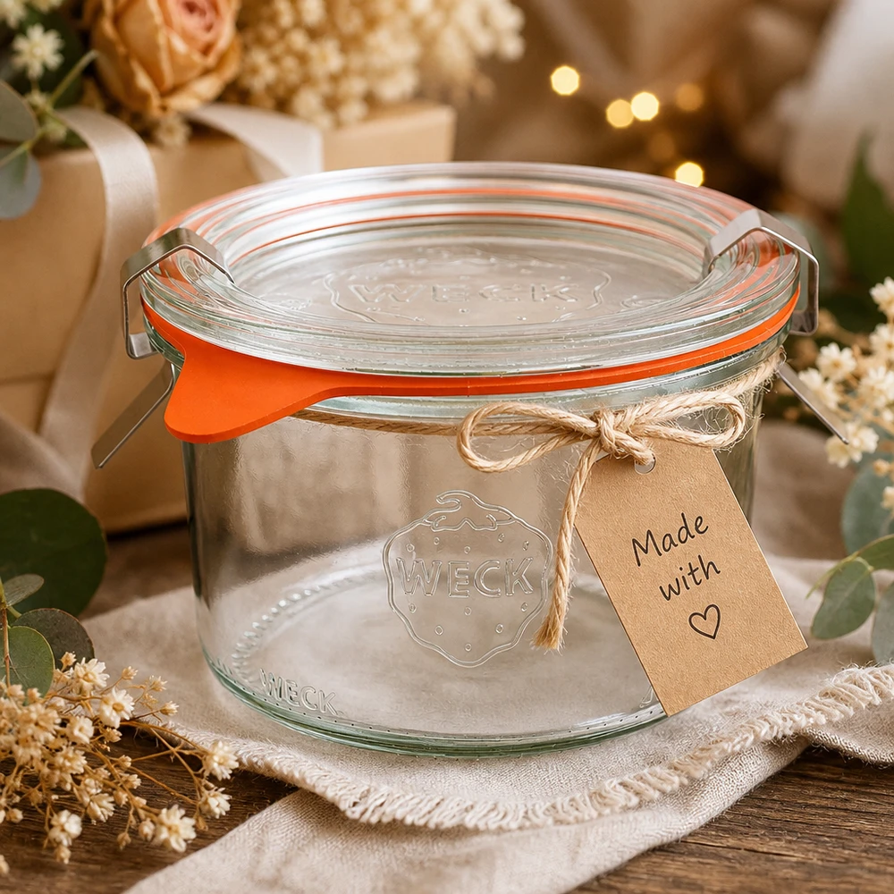 200ml bocal conique complet WECK RR80 WECK Verre renversé 200ml RR80 comme idée cadeau décoré avec un pendentif en papier kraft Made with Love et des fleurs séchées