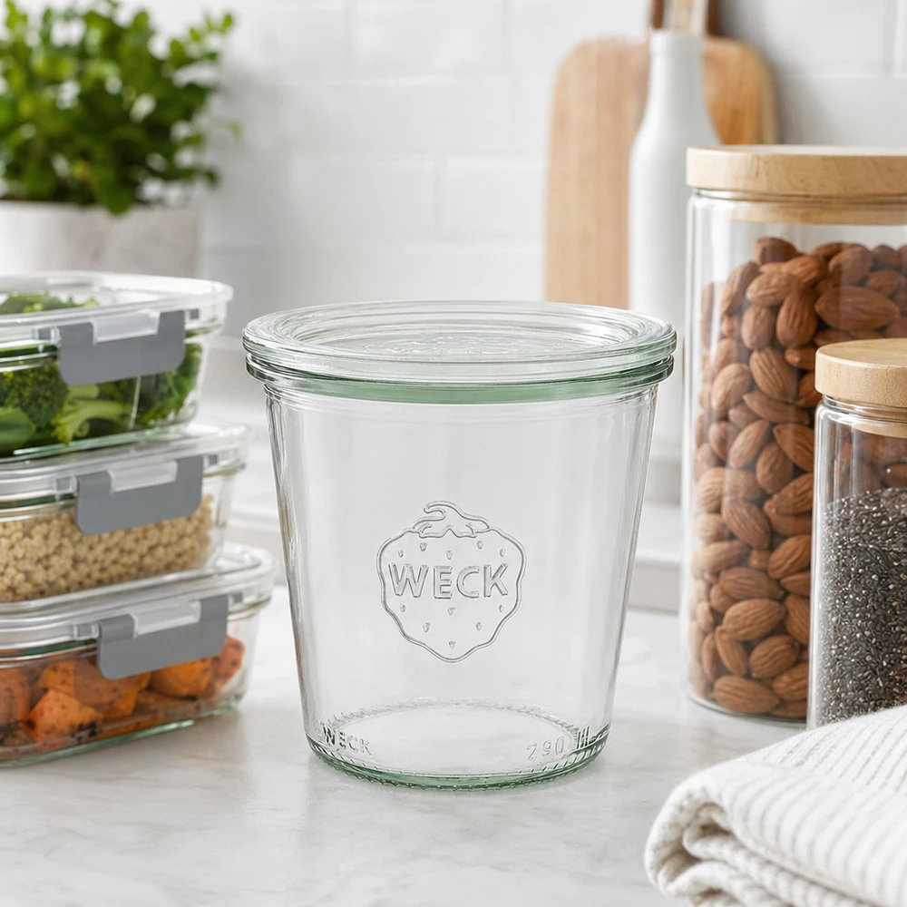 WECK Verre renversé 290ml RR80 dans une cuisine moderne avec des bocaux de conservation pour les noix et les aliments