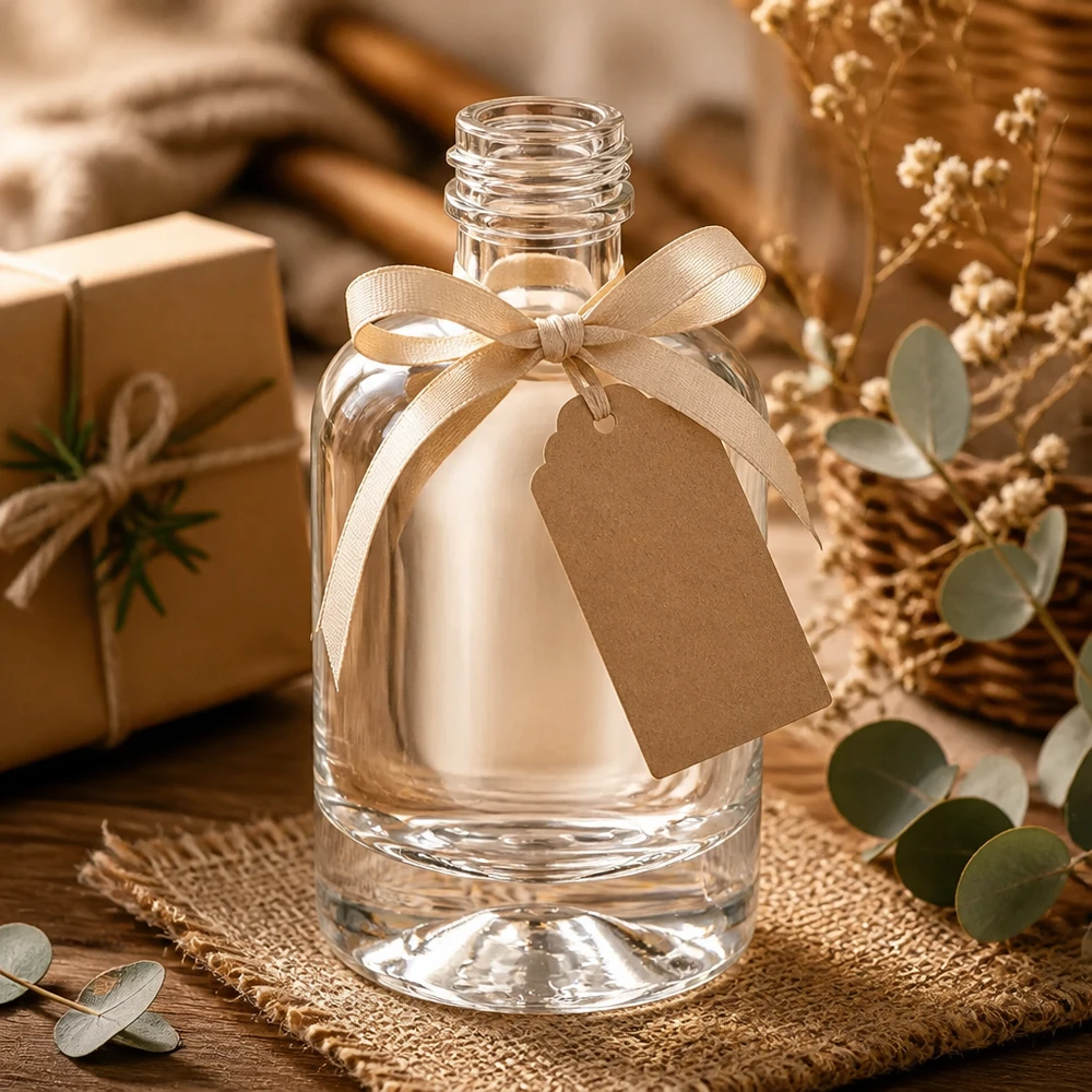 Flacon en verre 40 ml « Sara » sans bouchon à vis UNiTWIST® Bouteille en verre Sara de 40 ml décorée avec un ruban et une étiquette cadeau sans bouchon pour les cadeaux