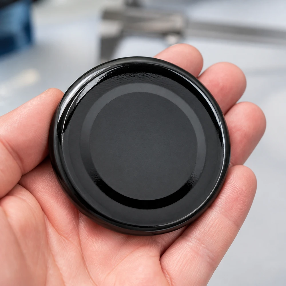Couvercle BasicSeal noir de 48 mm (TO48) UNiTWIST Couvercle noir pour bocaux TO48 BasicSeal UNiTWIST 48 mm : comparaison de taille sur une main d'homme