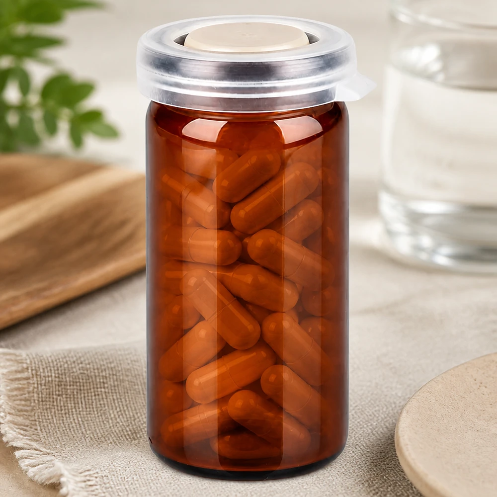 Pot à comprimés 10 ml ambré, avec bouchon à déclic Flacon médical compact de 10 ml avec couvercle à charnière transparent et contenu en gélules