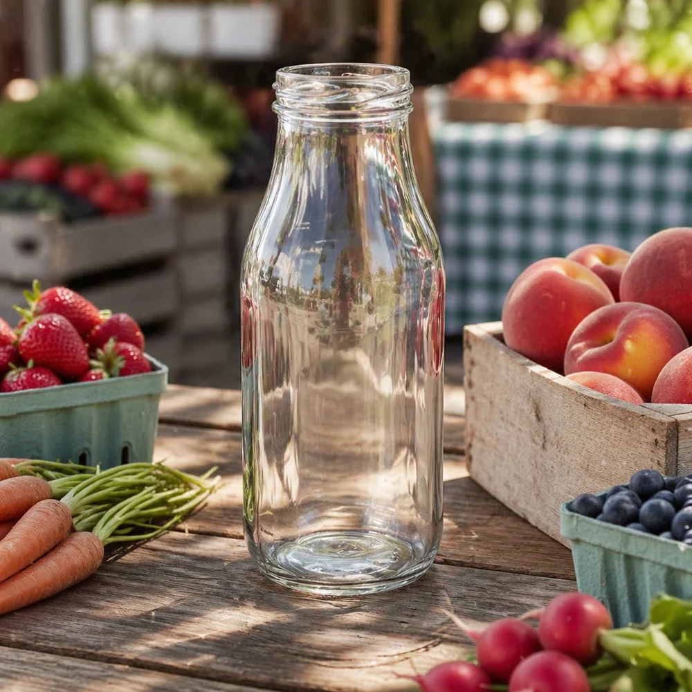 263ml Bouteille sans bouchon (TO43) UNiTWIST Leere Glasflasche 263ml auf Holztisch mit frischem Obst und Gemüse - ideal für Säfte Smoothies und Getränke