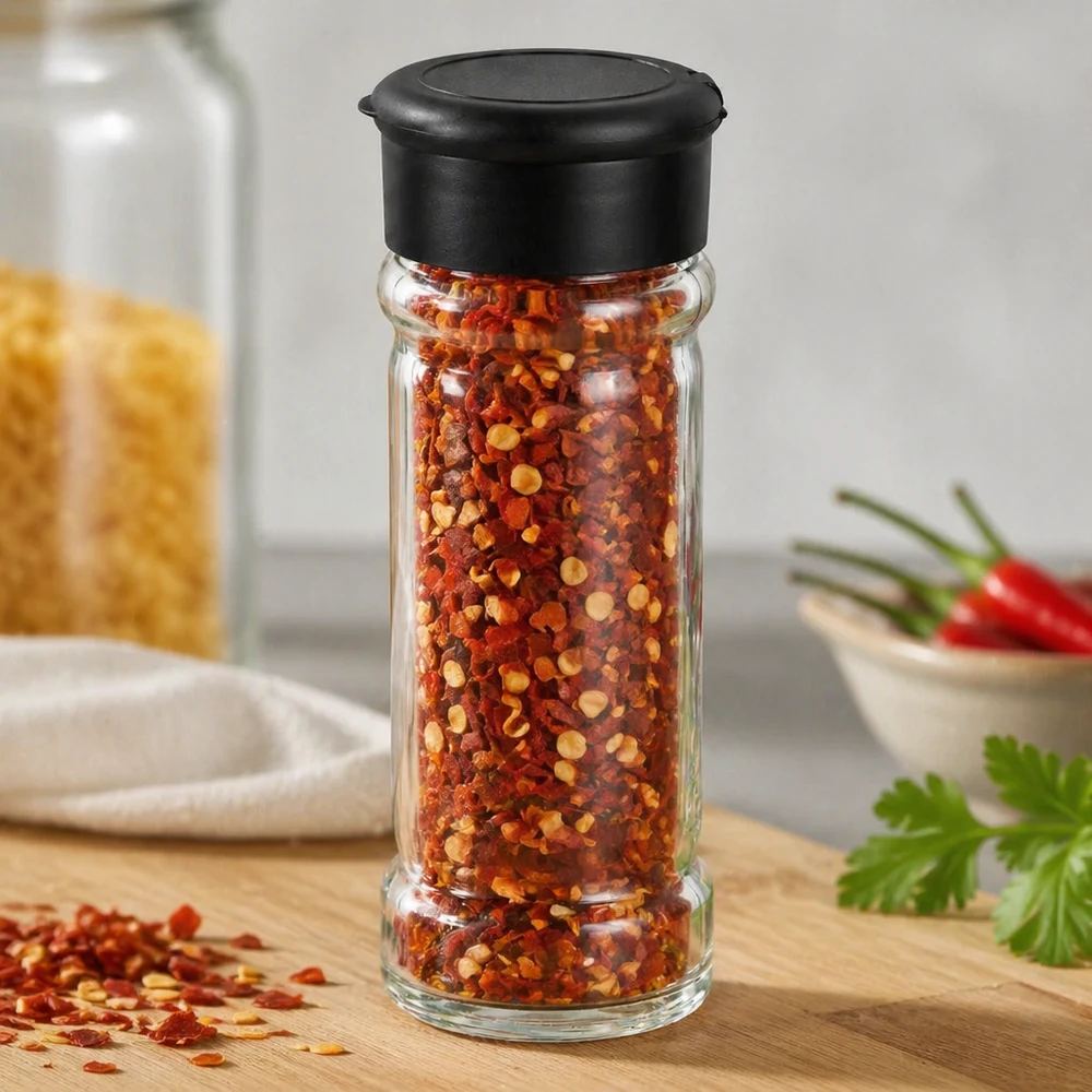 Pot à sel/épices 100 ml avec saupoudreuse, noir Bocal cylindrique en verre transparent de 100 ml, rempli de flocons de piment rouge et muni d'un bouchon en plastique noir