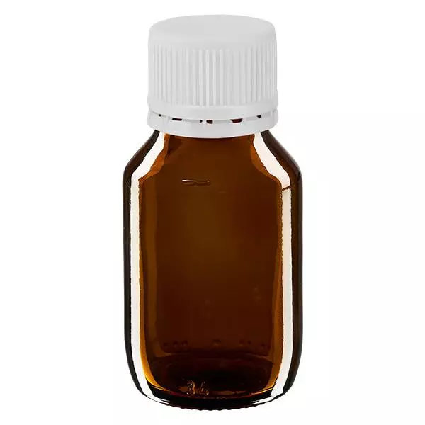 Bouteille à usage médical de 50 ml, marron, avec bouchon blanc d'origine Bouteille à usage médical de 50 ml, marron, avec bouchon blanc d'origine