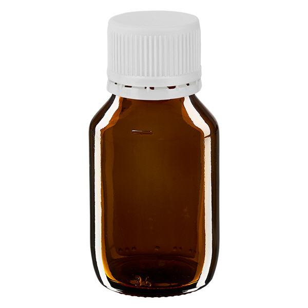 Bouteille à usage médical de 50 ml, marron, avec bouchon blanc d'origine