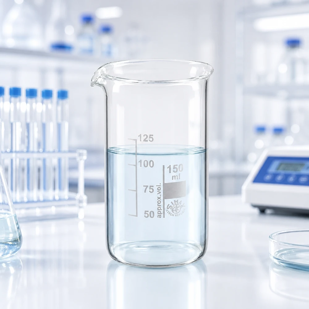 Bécher 150ml en verre borosilicate résistant à la chaleur (forme haute) Verre de laboratoire haut de 150 ml contenant un liquide transparent, à côté de tubes à essai et d'une boîte de Pétri dans un laboratoire
